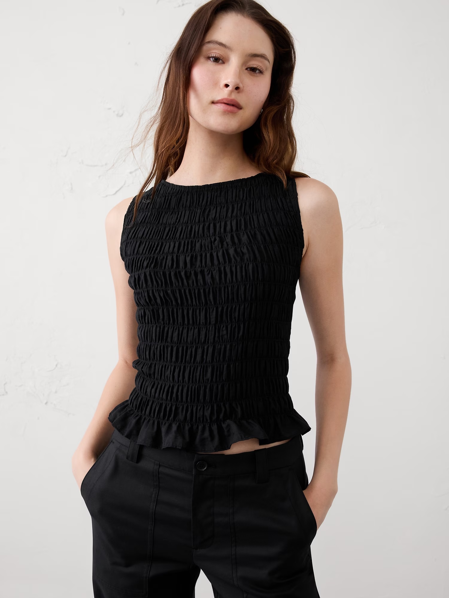 Boatneck Smocked Top - Black