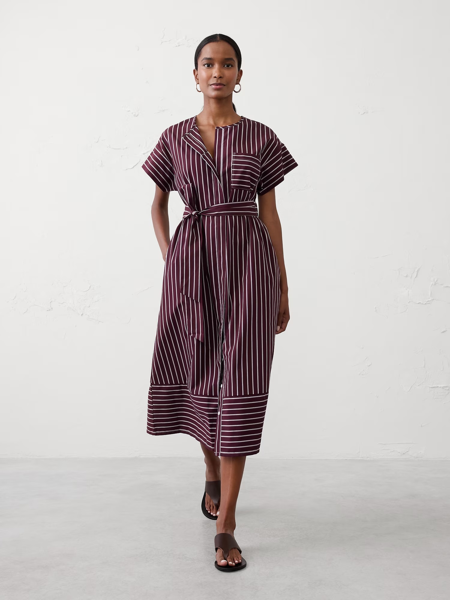 Belted Midi Shirtdress - Burgundy Stripe
