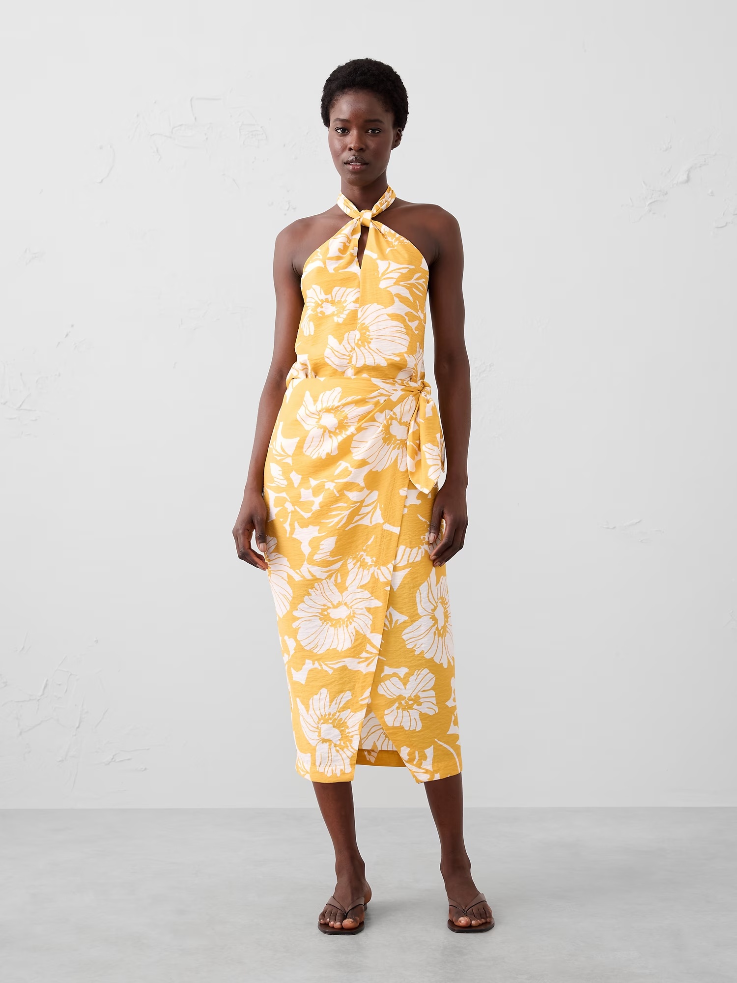 Faux-Wrap Midi Skirt - Yellow Floral