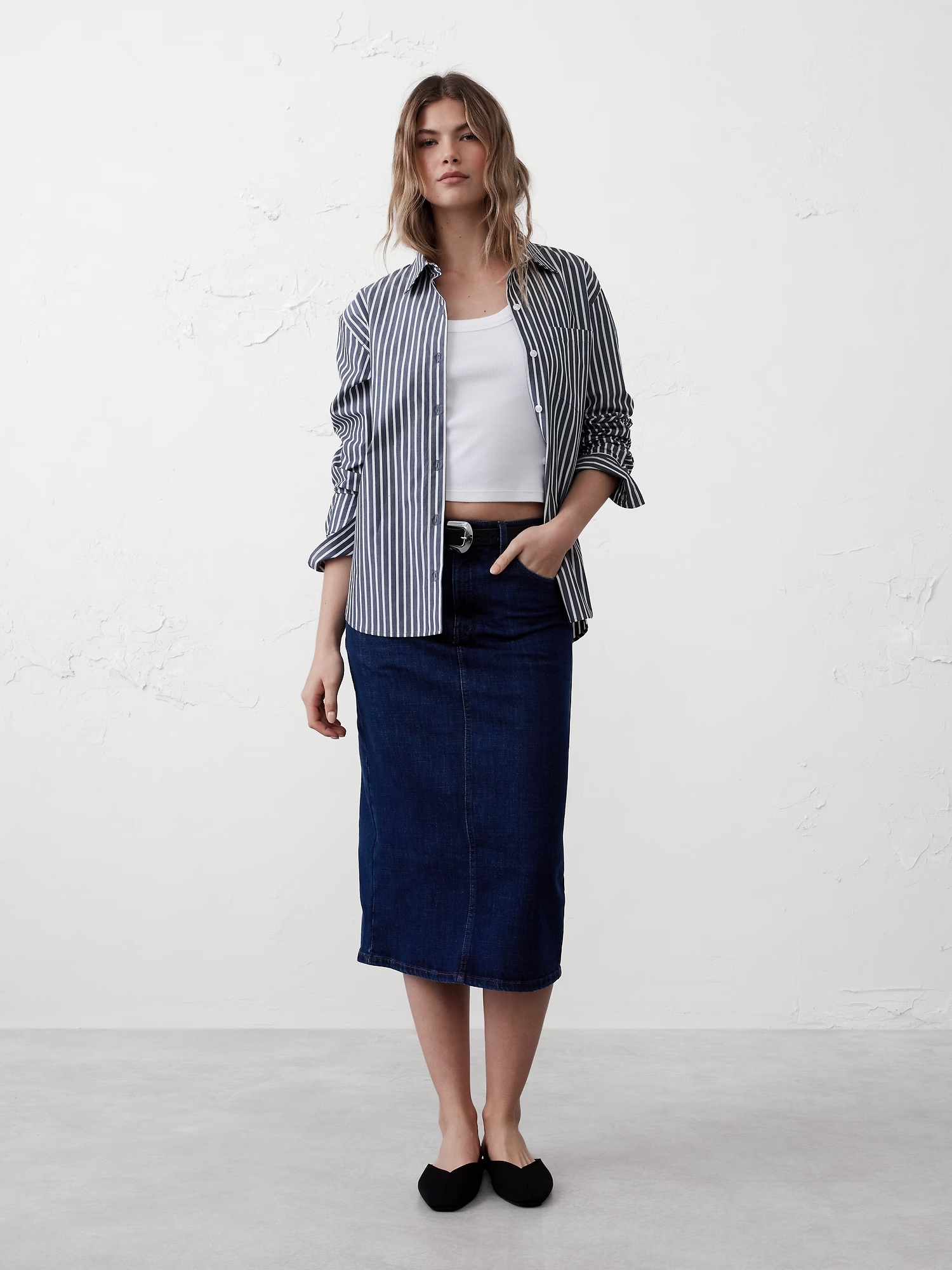 Denim Midi Pencil Skirt - Dark Rinse