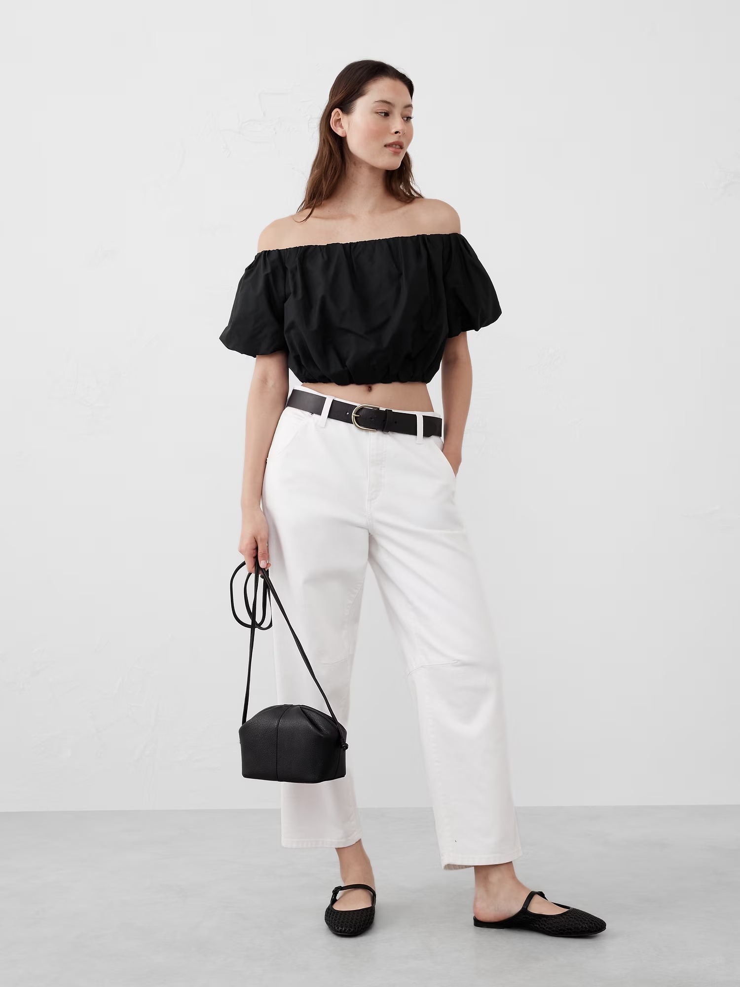 Bubble-Sleeve Cropped Top - Black