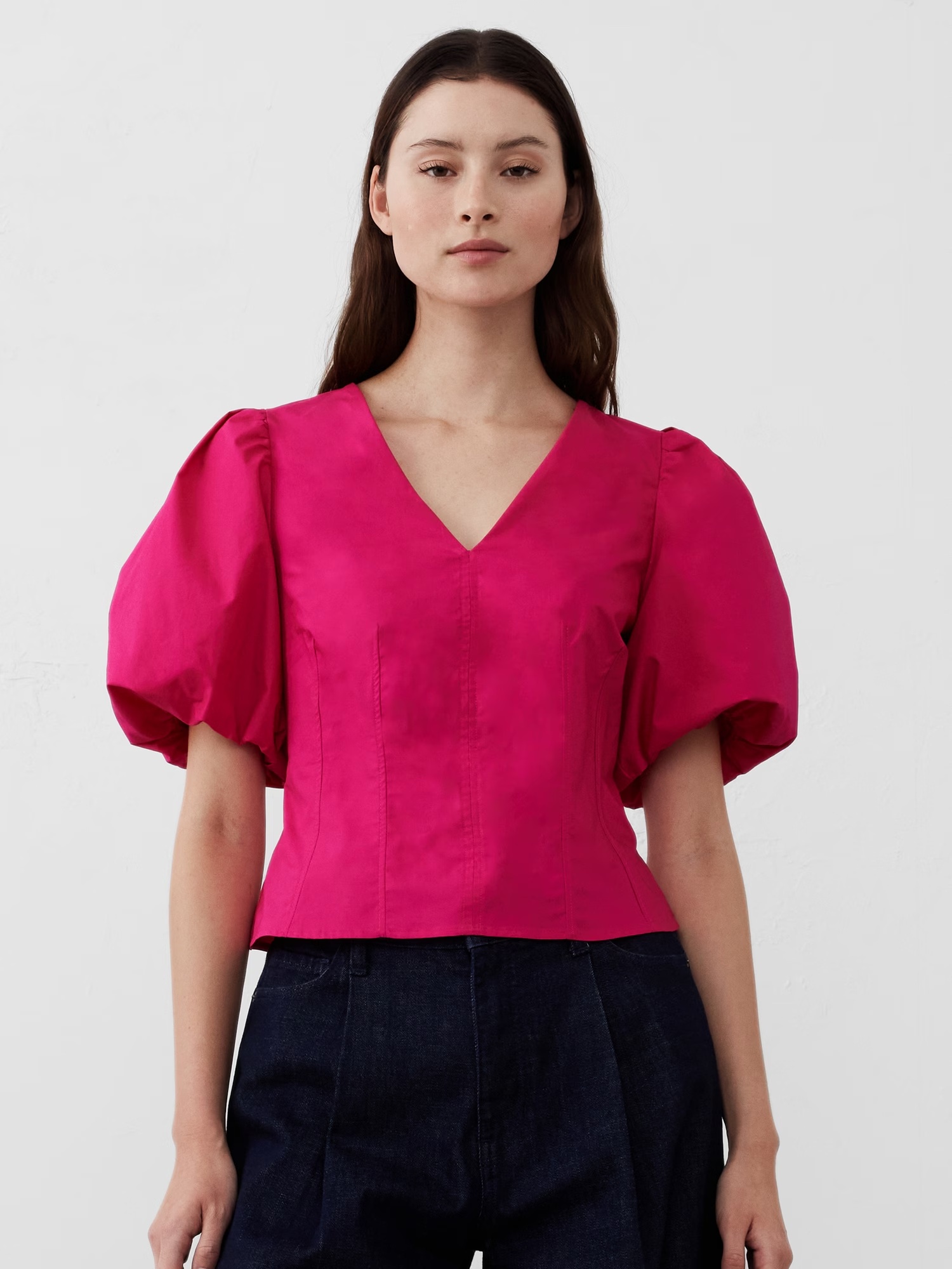Bubble-Sleeve Seamed Poplin Top - Dragon Fruit