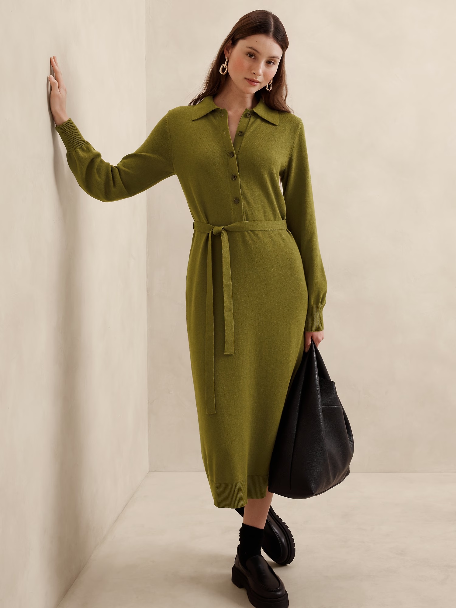 Buttoned Midi Sweater Dress - Dark Palm