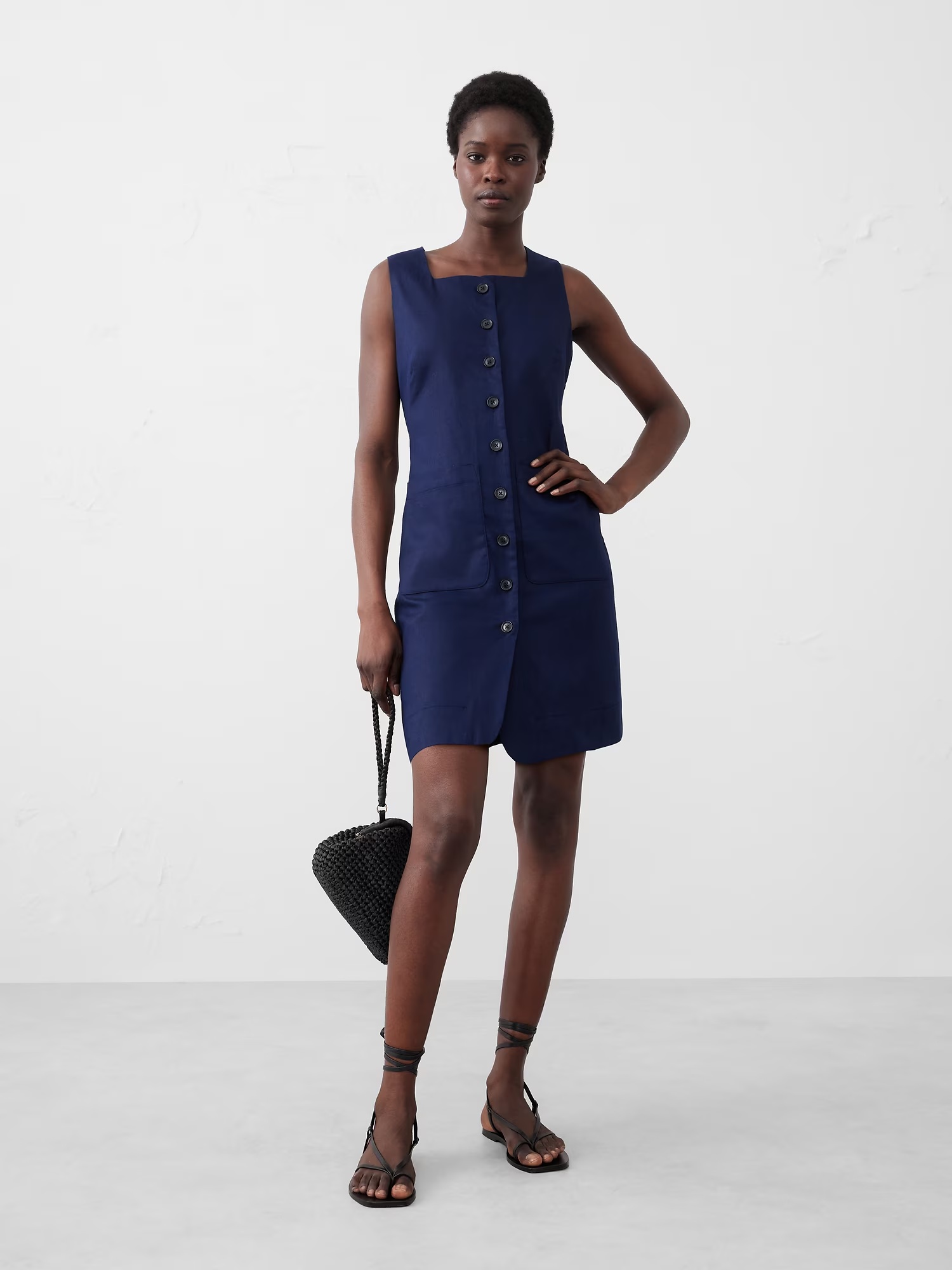 Linen-Blend Square-Neck Mini Dress - Preppy Navy 1 Linen-Blend Square-Neck Mini Dress - Preppy Navy