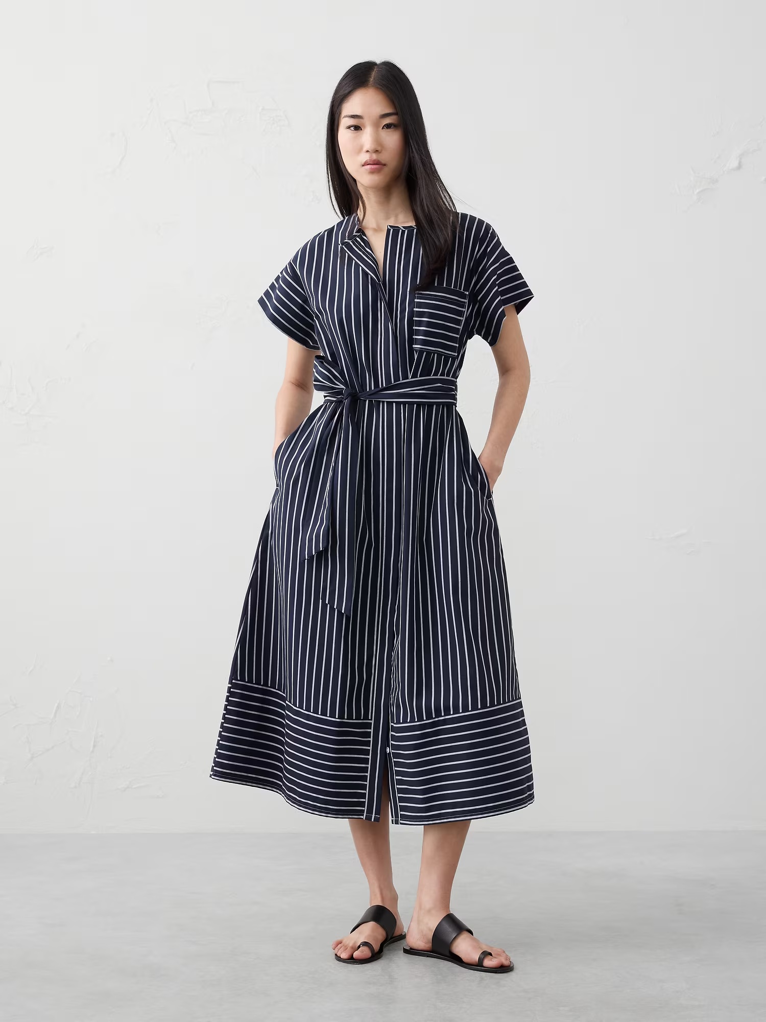 Belted Midi Shirtdress - Navy Stripe