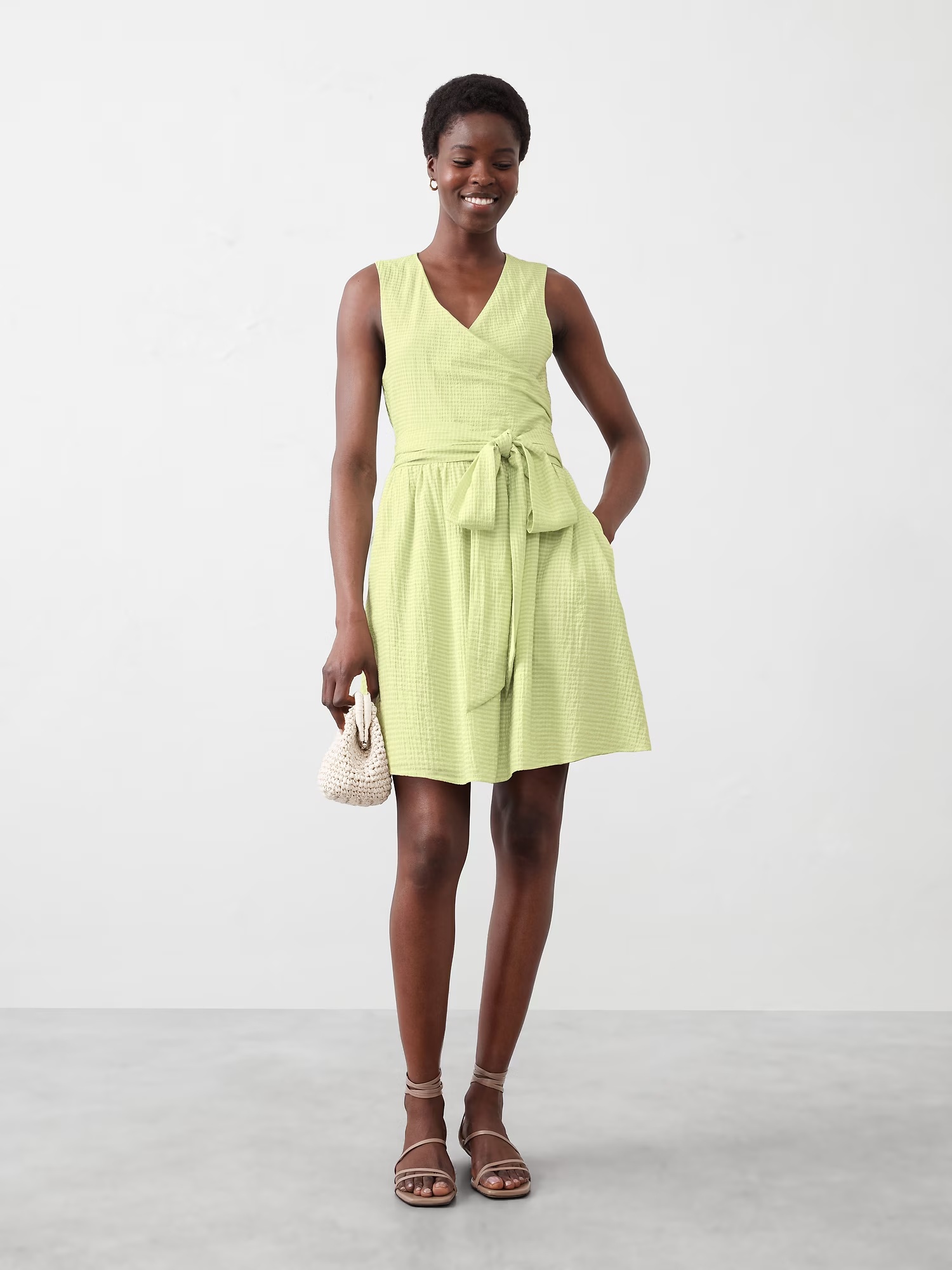 Textured Wrap-Waist Mini Dress - Green 1 Textured Wrap-Waist Mini Dress - Green