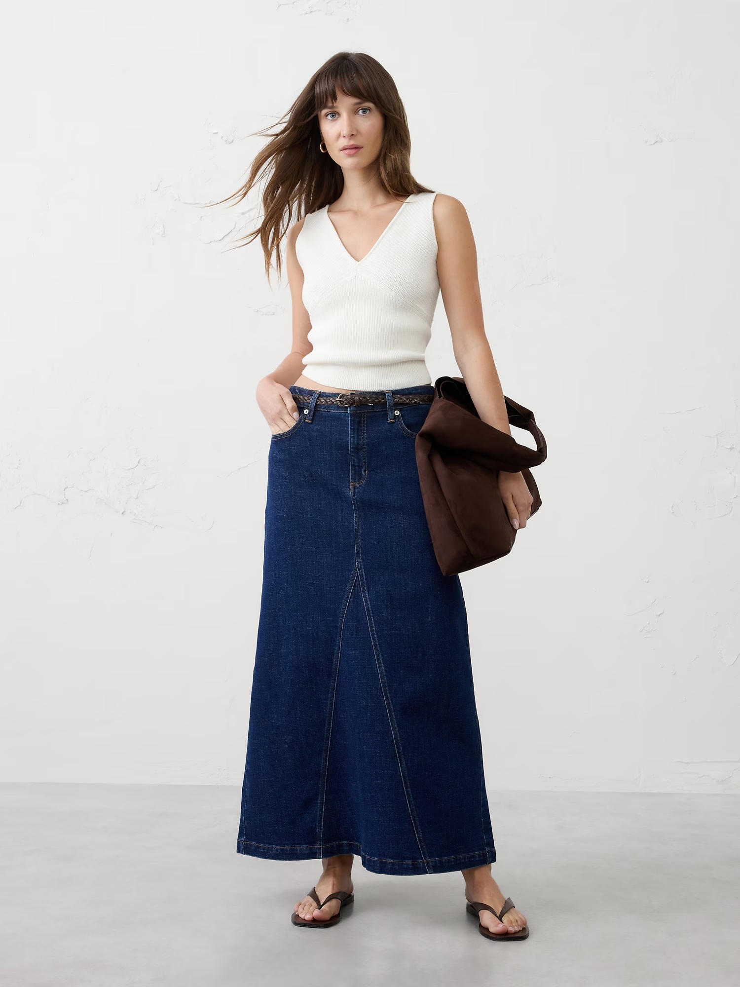 Denim Split-Back Maxi Skirt - Dark Wash