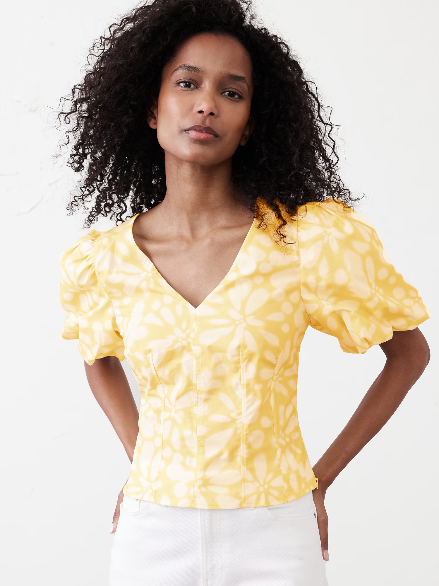 Bubble-Sleeve Seamed Poplin Top - Yellow Floral