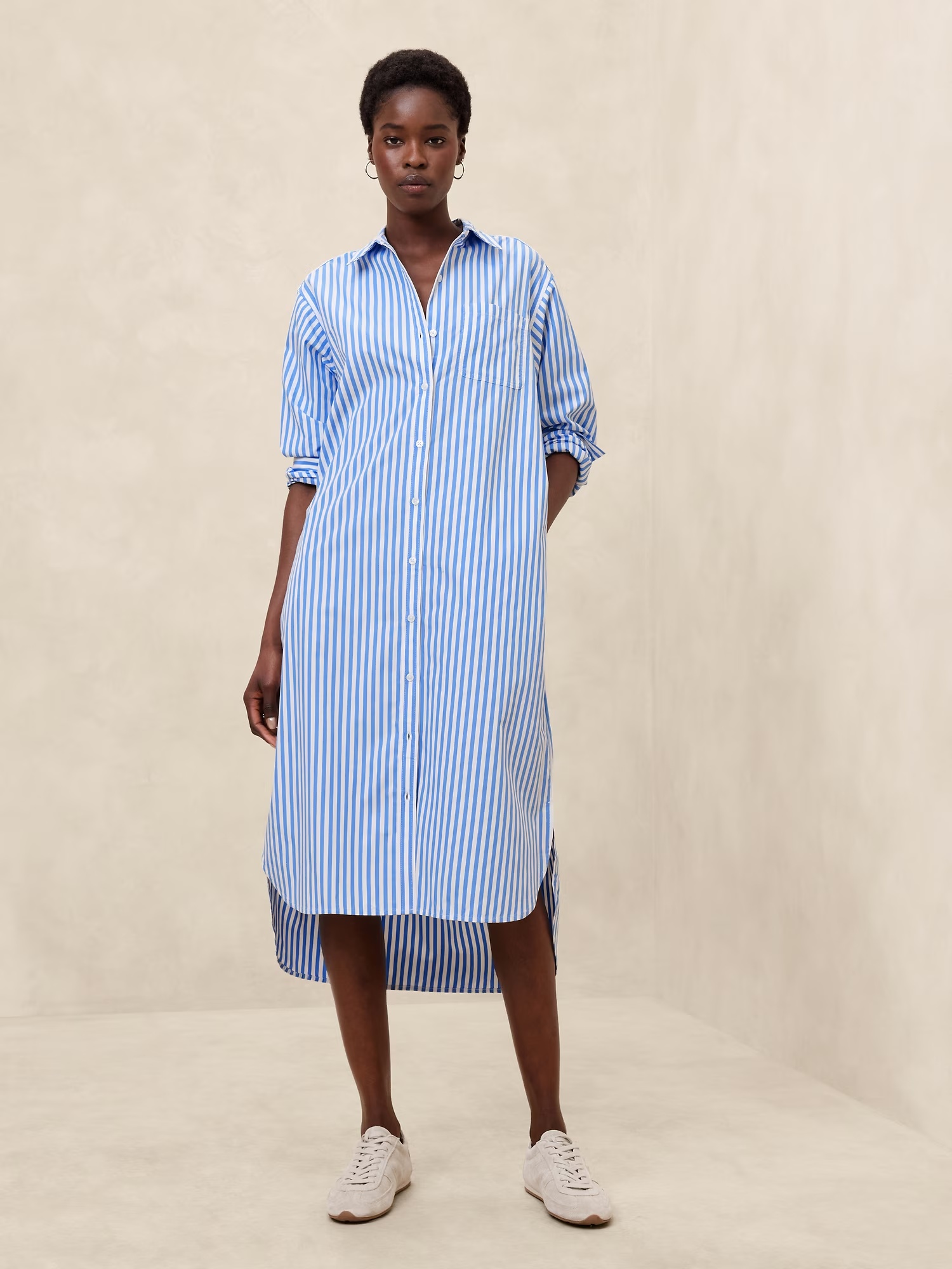 Midi Poplin Shirtdress - Bold Blue Stripe 1 Midi Poplin Shirtdress - Bold Blue Stripe