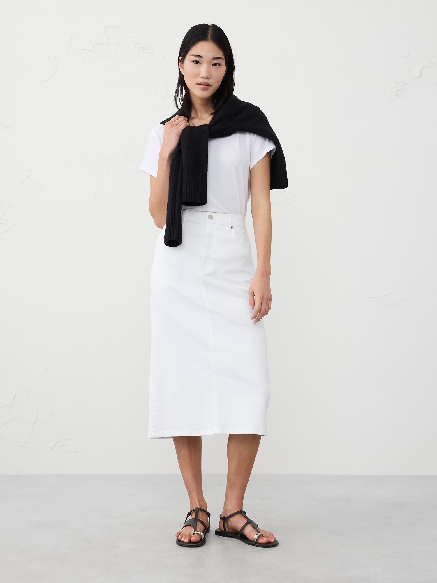 Denim Midi Pencil Skirt - White