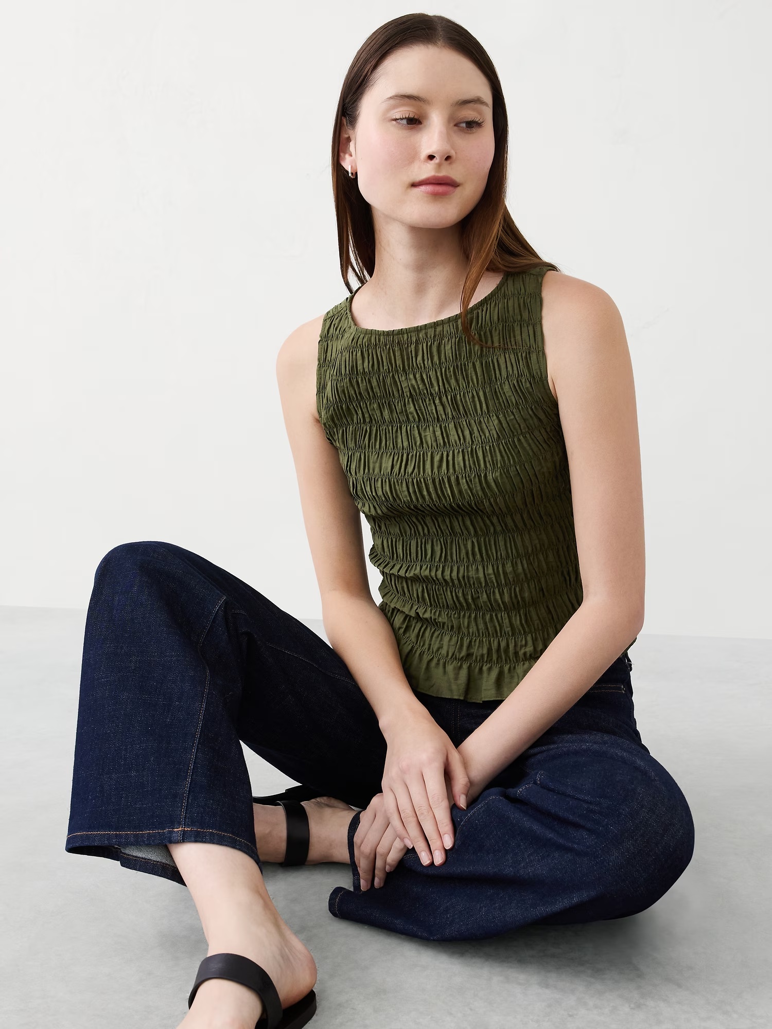 Boatneck Smocked Top - Waimea Olive
