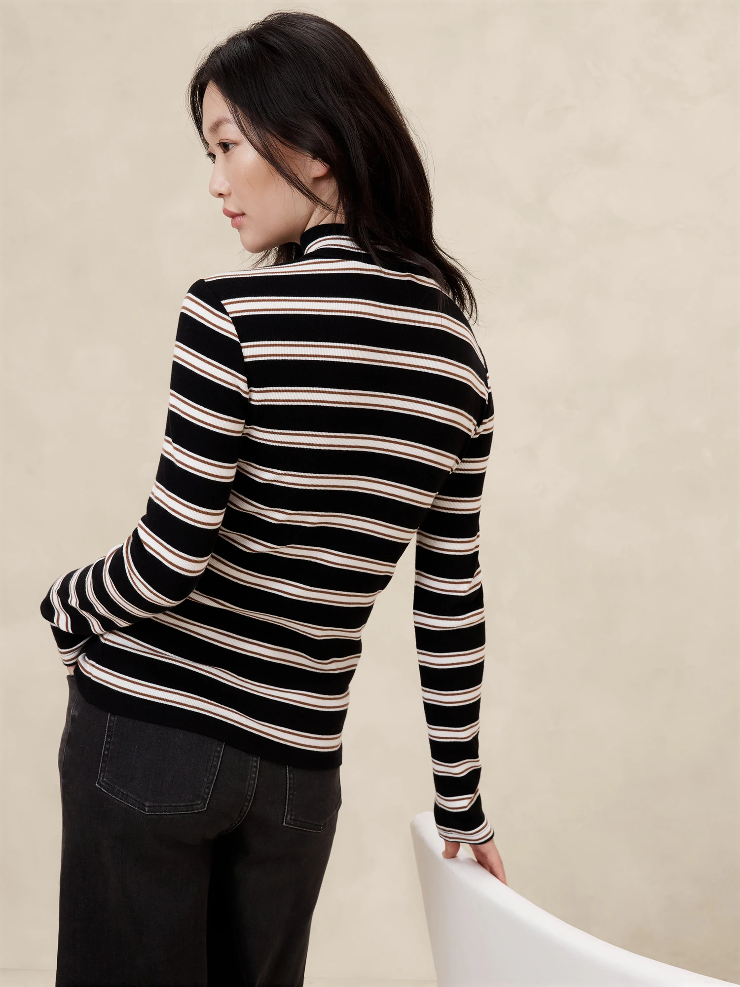 Ribbed Mock-Neck T-Shirt - Neutral Stripe 2 Ribbed Mock-Neck T-Shirt - Preppy Navy