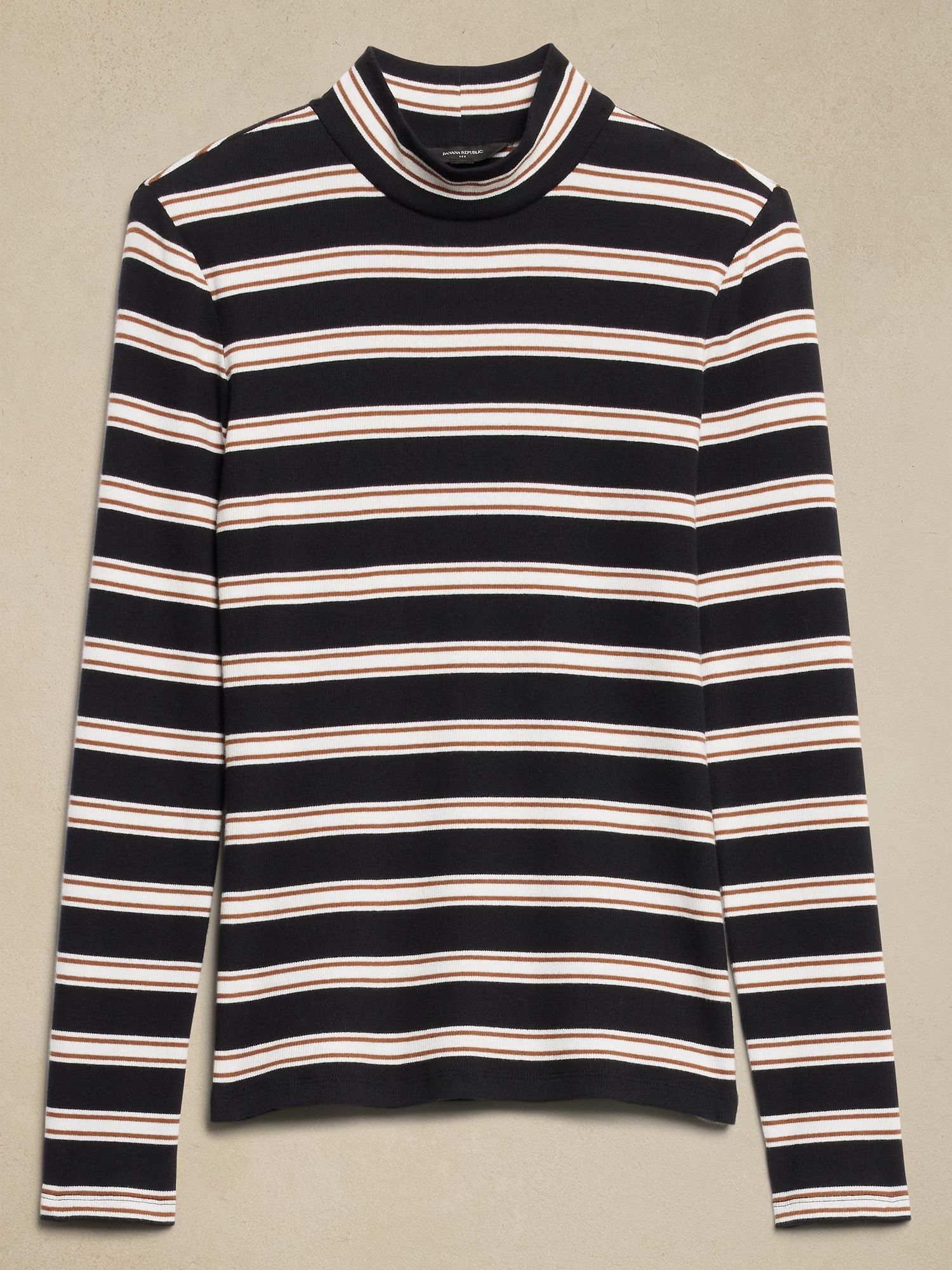 Ribbed Mock-Neck T-Shirt - Neutral Stripe 4 Ribbed Mock-Neck T-Shirt - Preppy Navy