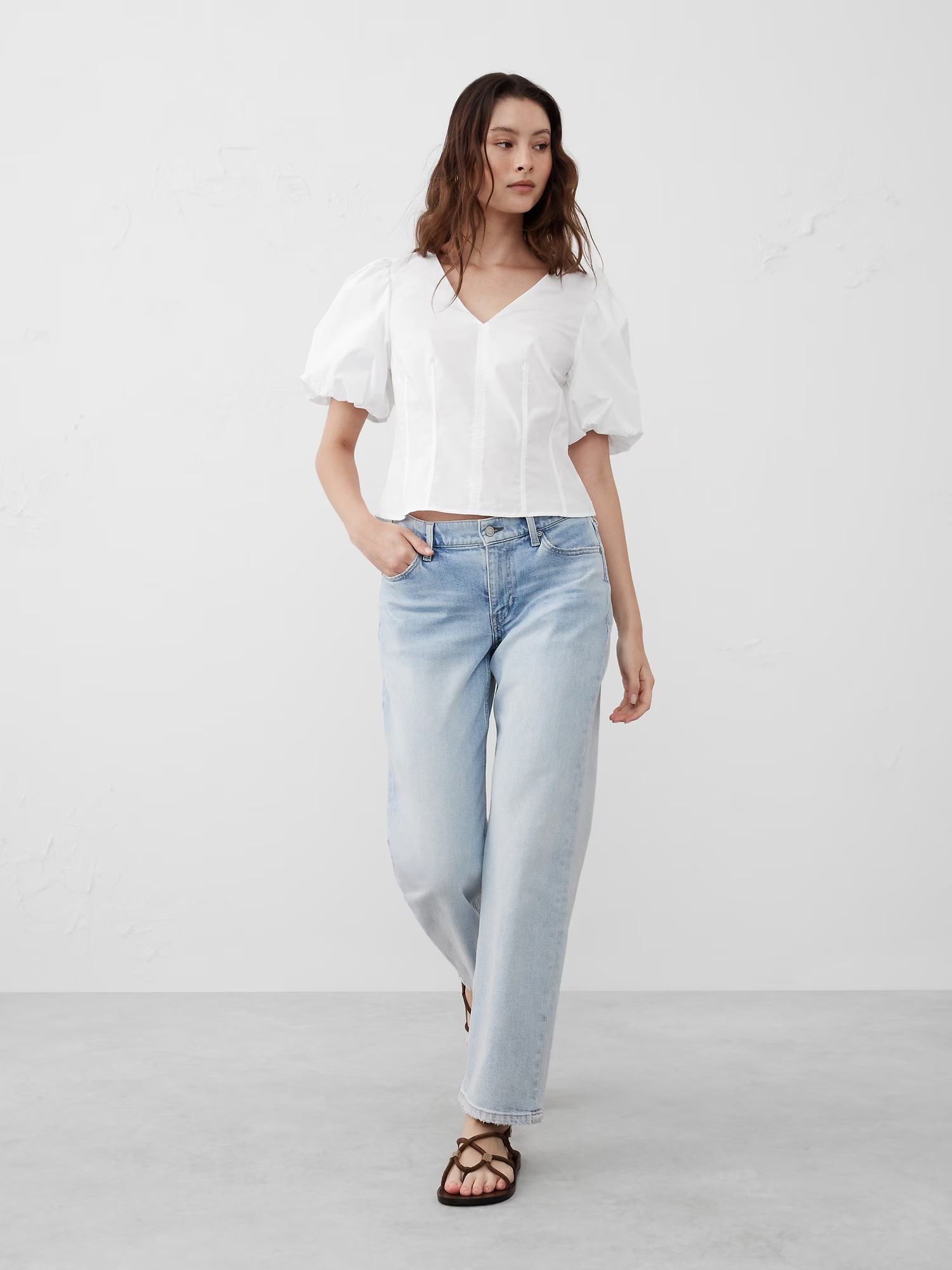 Bubble-Sleeve Seamed Poplin Top - White