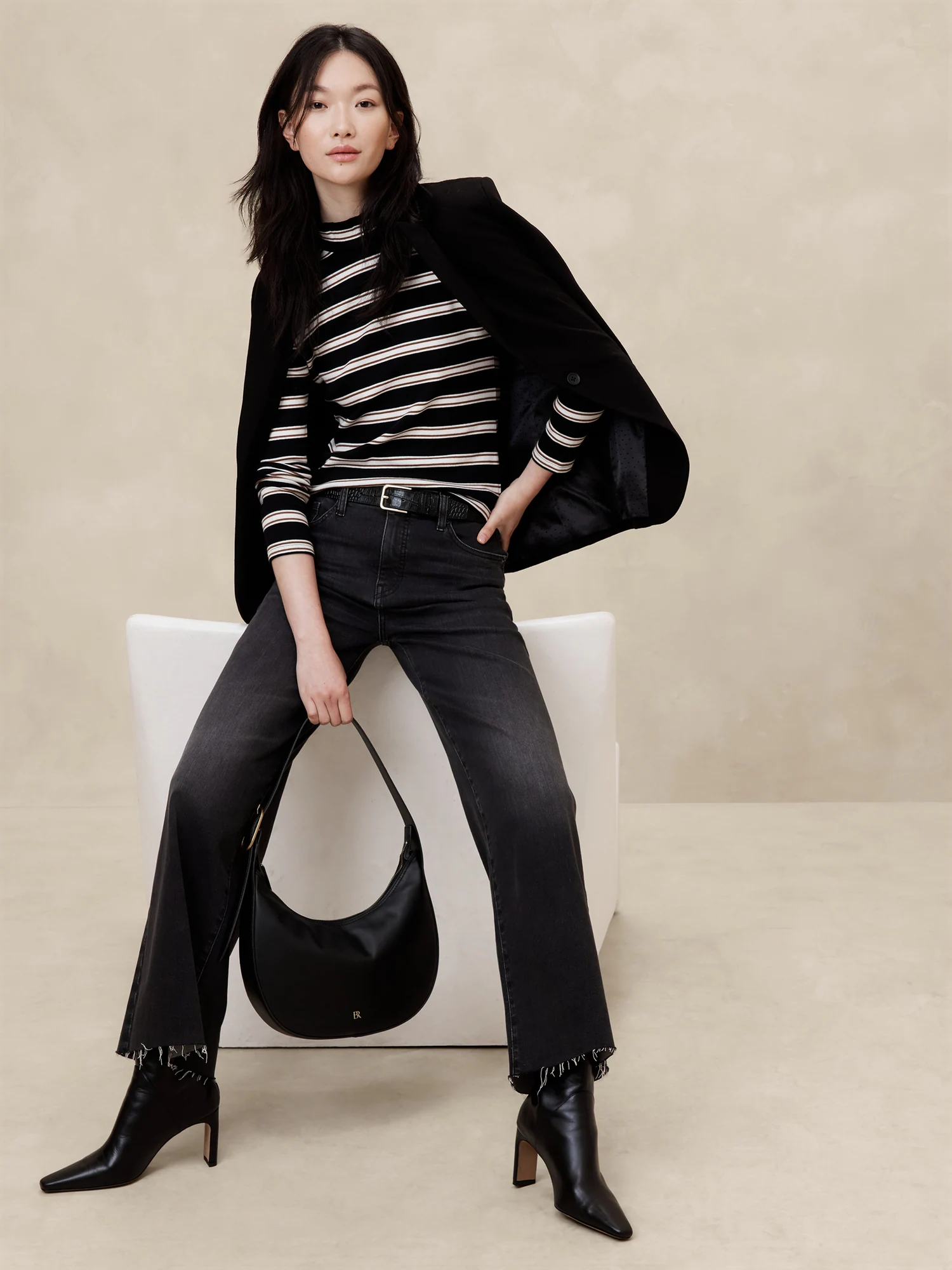 Ribbed Mock-Neck T-Shirt - Neutral Stripe 1 Ribbed Mock-Neck T-Shirt - Neutral Stripe