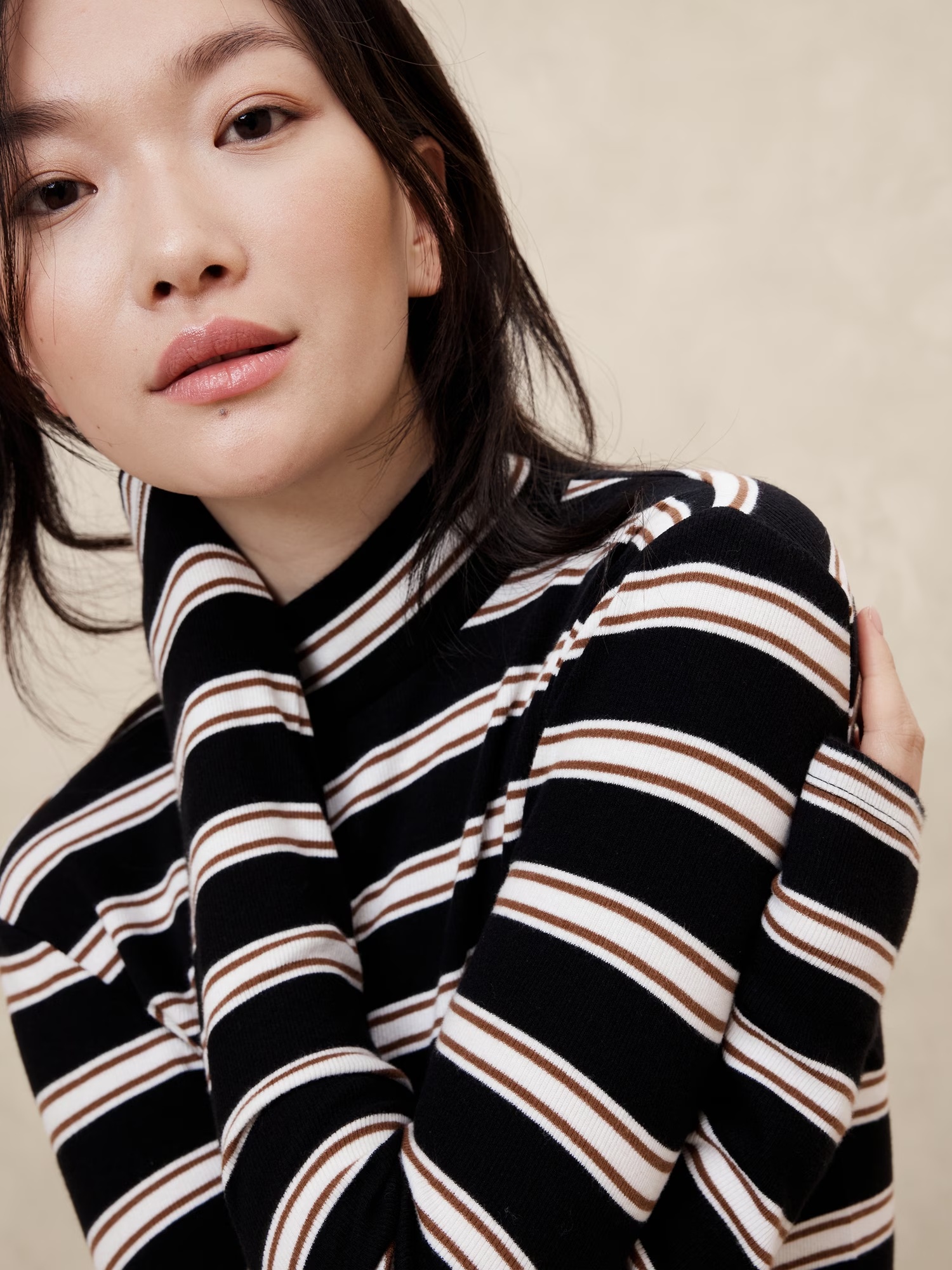 Ribbed Mock-Neck T-Shirt - Neutral Stripe 3 Ribbed Mock-Neck T-Shirt - Neutral Stripe