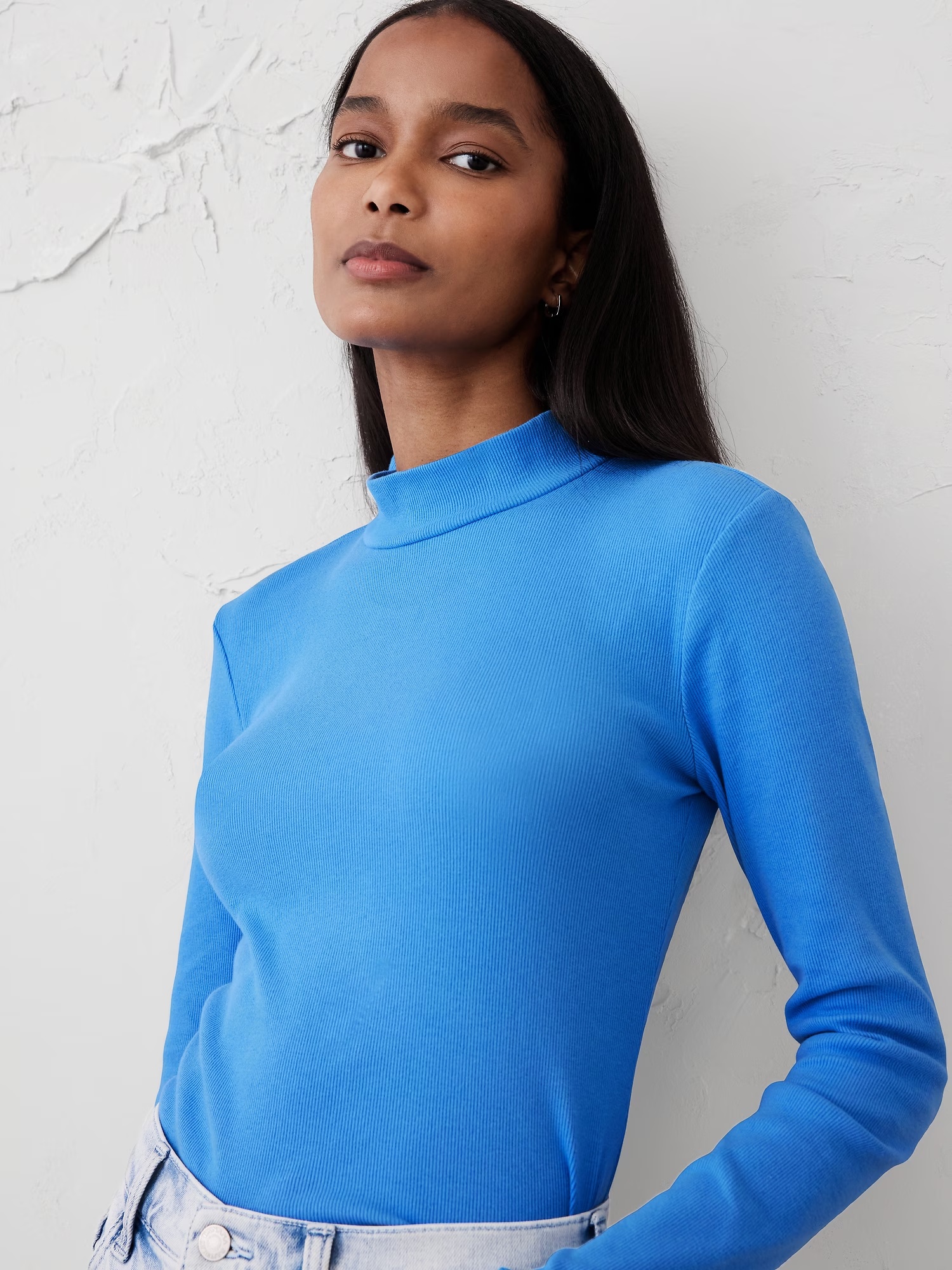 Ribbed Mock-Neck T-Shirt - Neutral Stripe 6 Ribbed Mock-Neck T-Shirt - Neutral Stripe