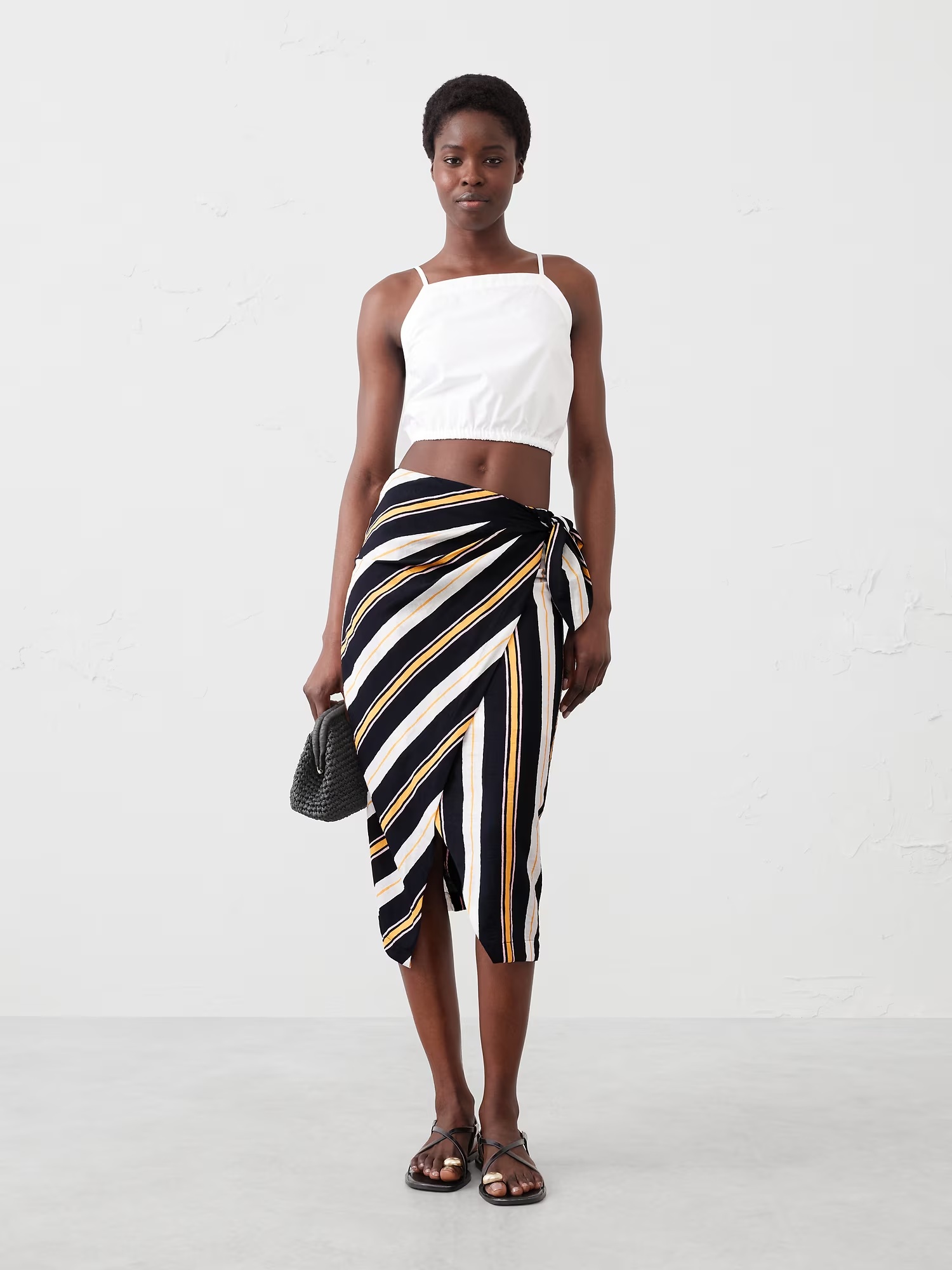 Faux-Wrap Midi Skirt - Black Multi