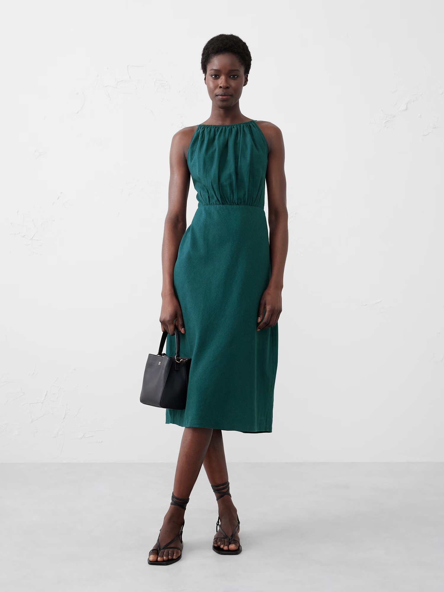 Linen-Blend High-Neck Midi Dress - Deep Sea Teal