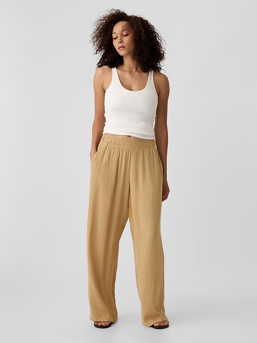 Crinkle Wide-Leg Pull-On Pants