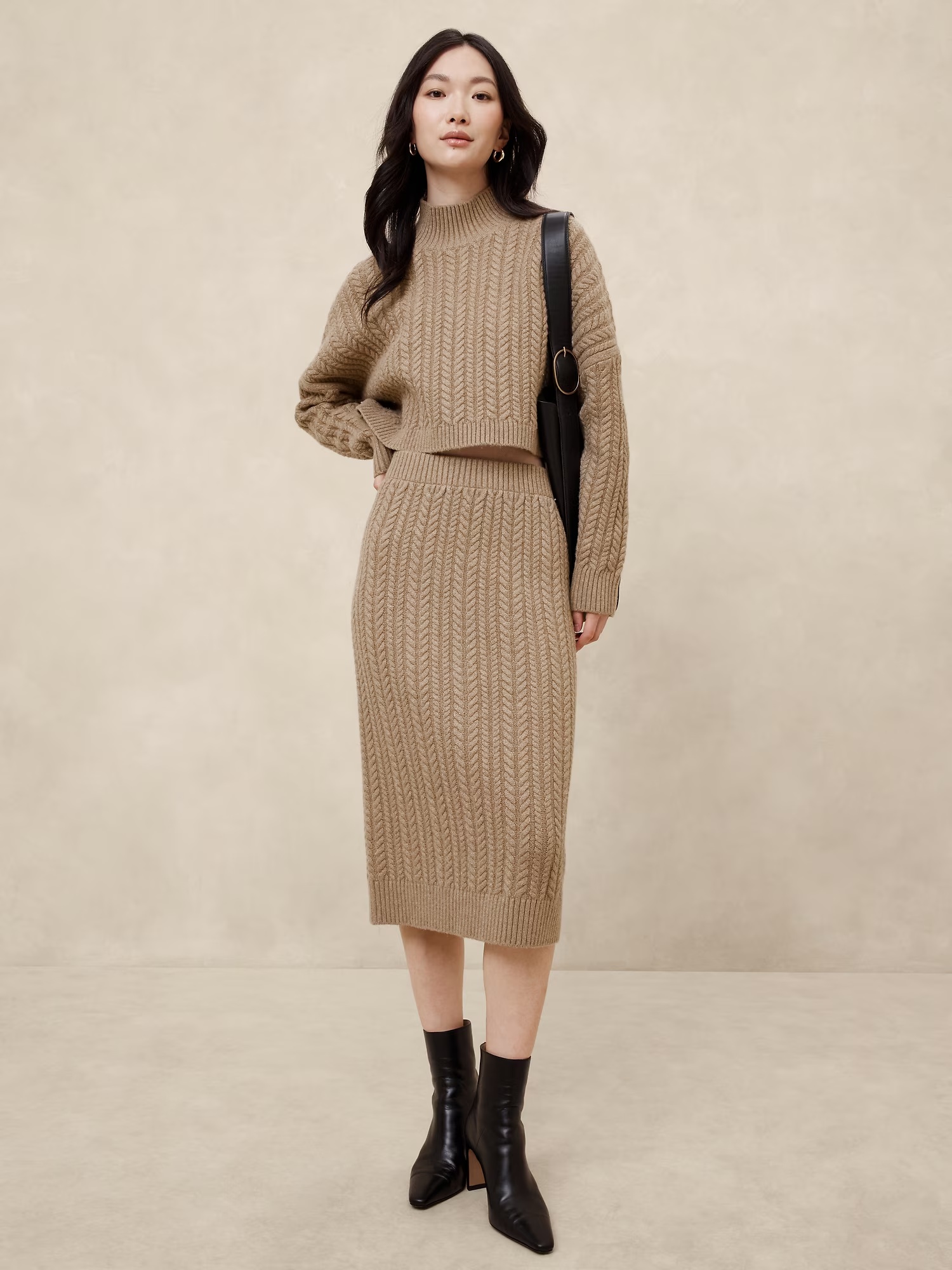 Cable Midi Sweater Skirt - Mocha Latte Heather