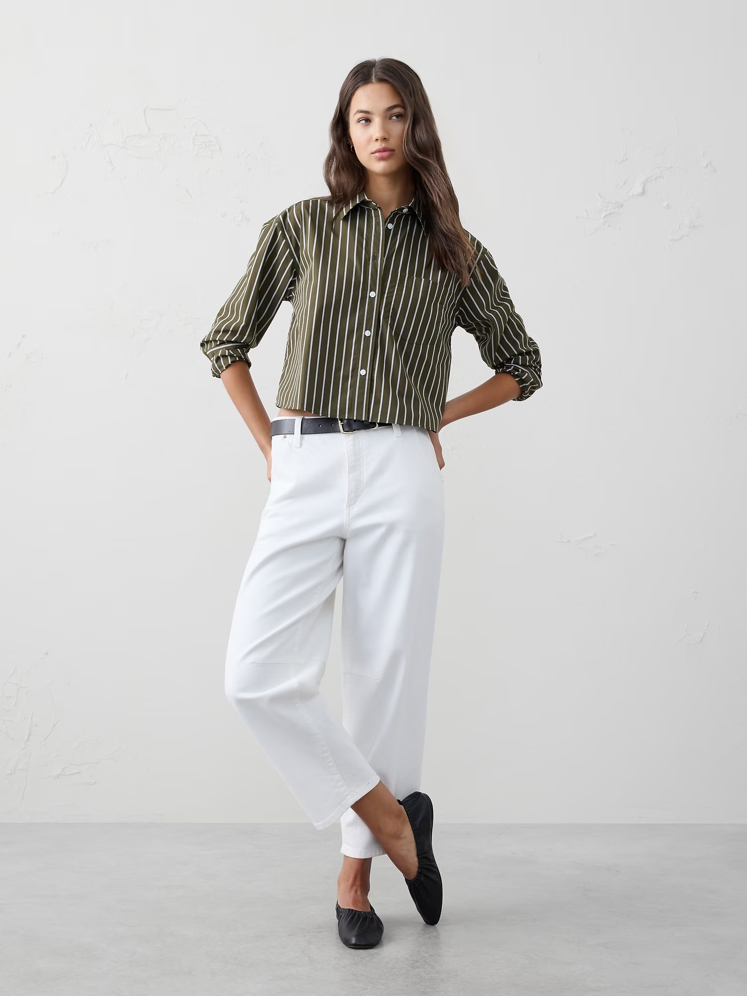Boxy Button-Down Shirt - Olive Stripe