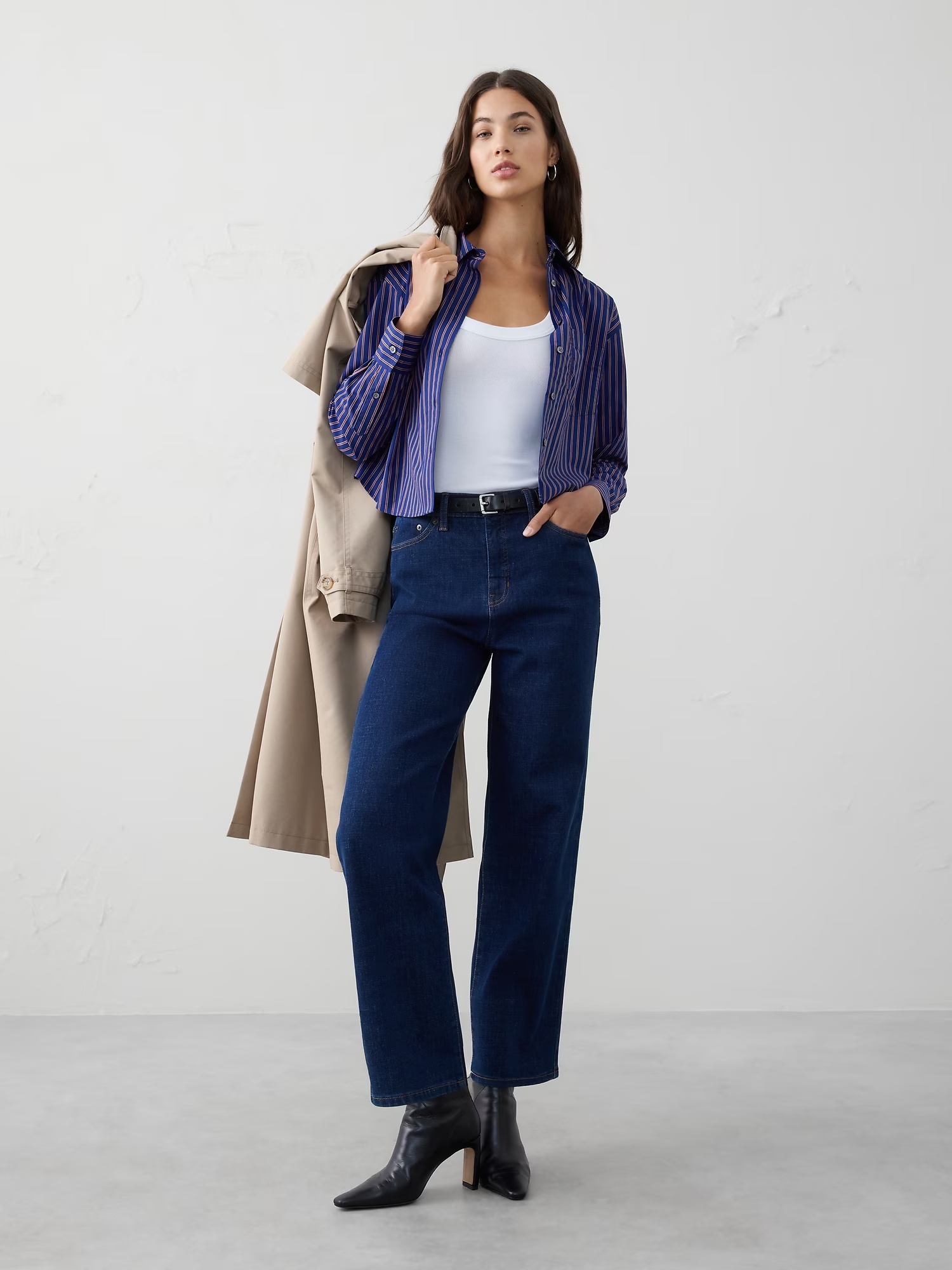 Boxy Button-Down Shirt - Navy Multi Stripe