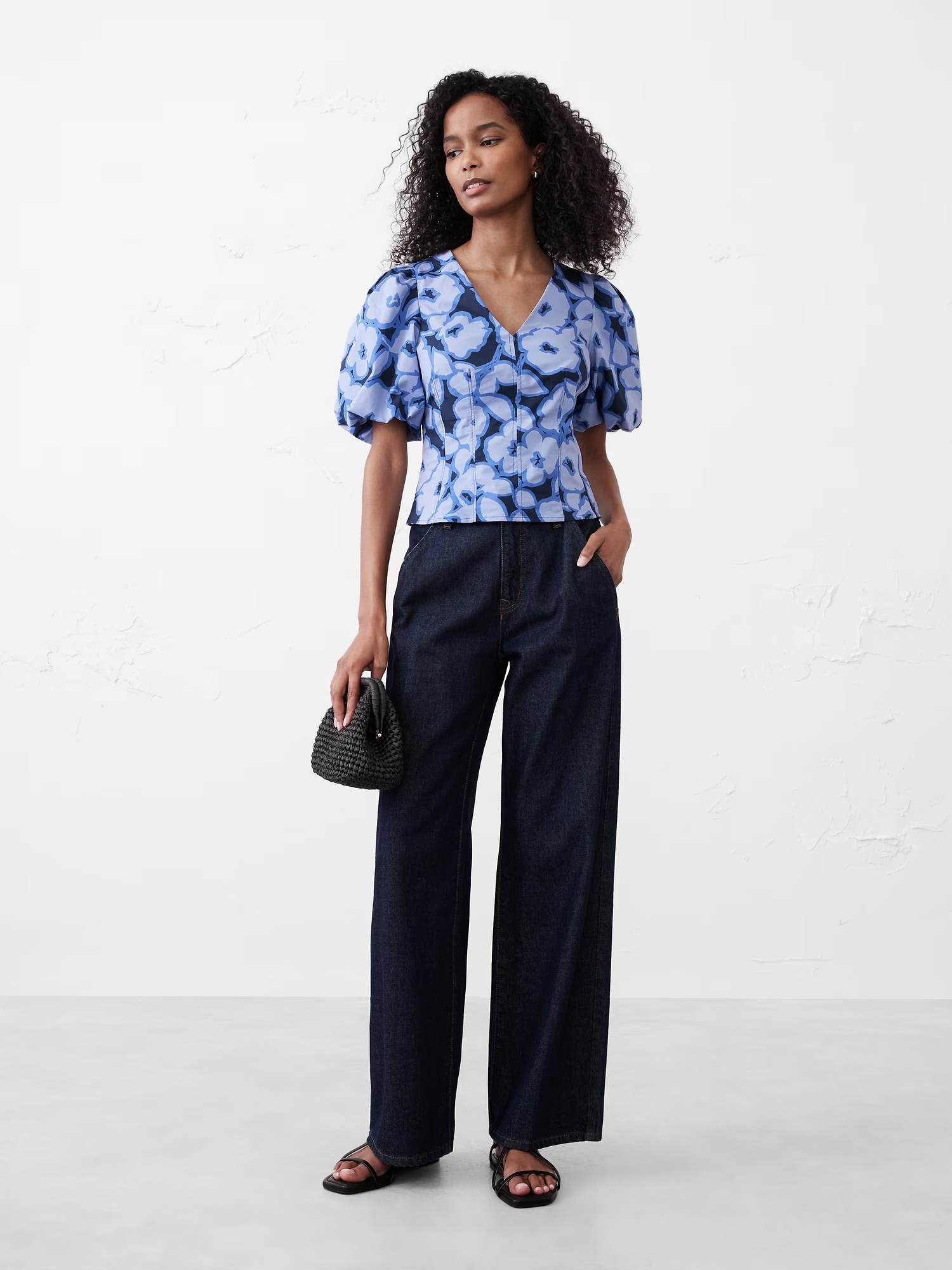 Bubble-Sleeve Seamed Poplin Top - Navy Floral