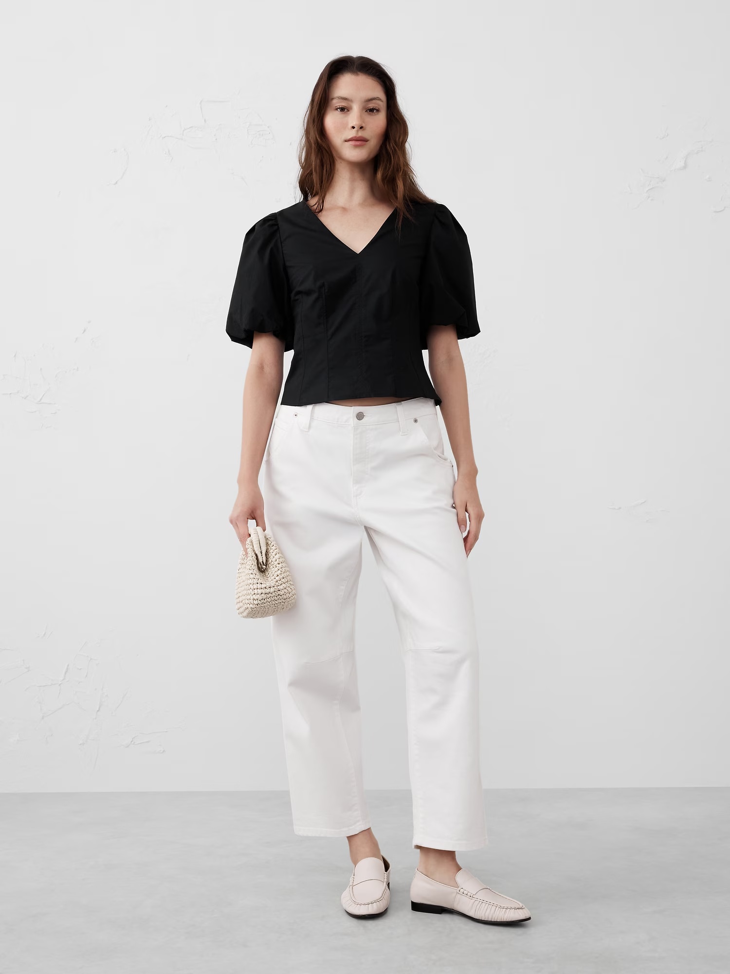 Bubble-Sleeve Seamed Poplin Top - Black